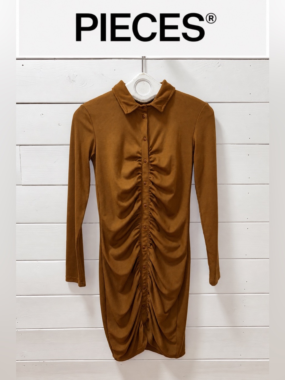 PIECES Ruched Button-Front Dress – Caramel Brown – Size M